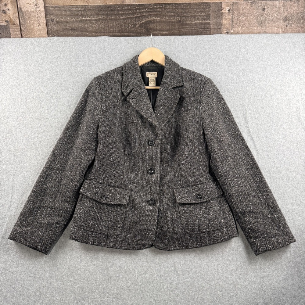 LL Bean‎ Blazer Womens Medium Petite Gray Wool Silk Herringbone Jacket Academia